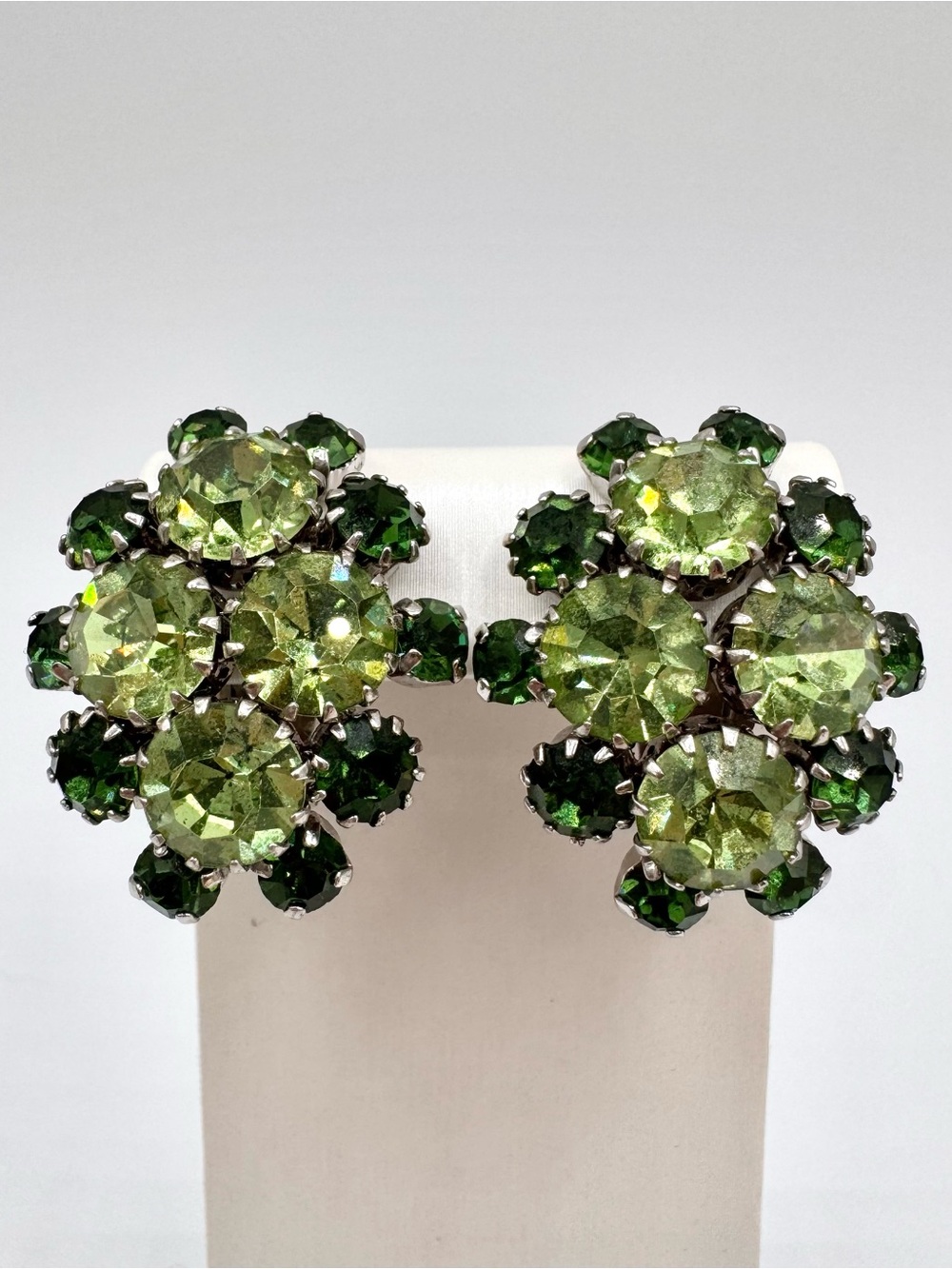 Vintage Western Germany Green Rhinestone Cluster Clip On Earrings MCM Signed
